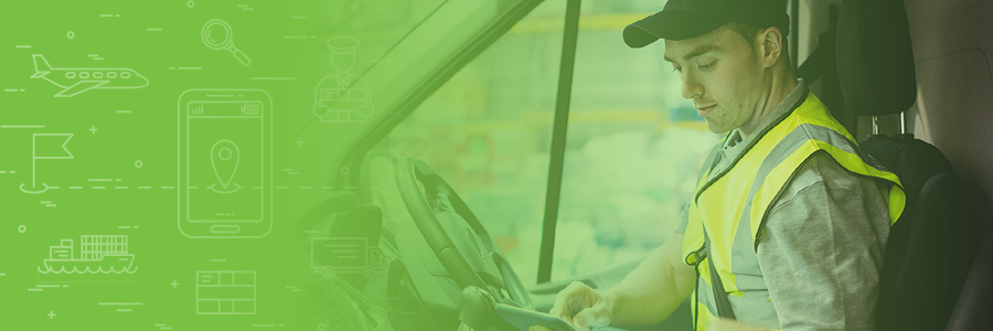 Transportation and logistics worker sitting in his truck looking at his company-issued tablet for his next delivery