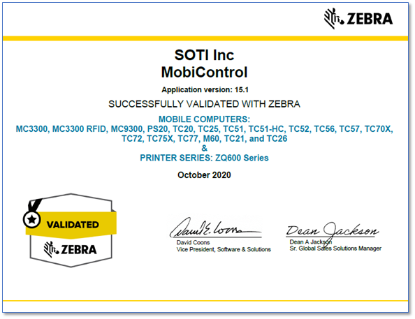 SOTI MobiControl v15.1 Zebra Solution Validation Certificate