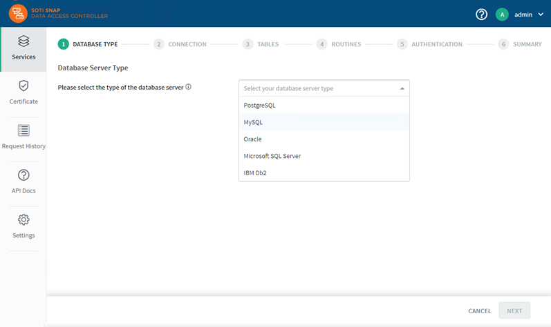 Create New Service 1/6: Database Type