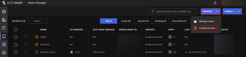 Enrollment Rules options in Device Manager screen