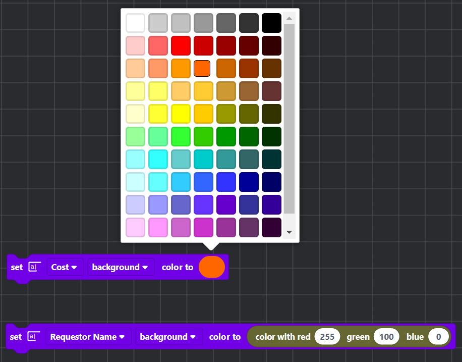 Color blocks used in Set Text blocks