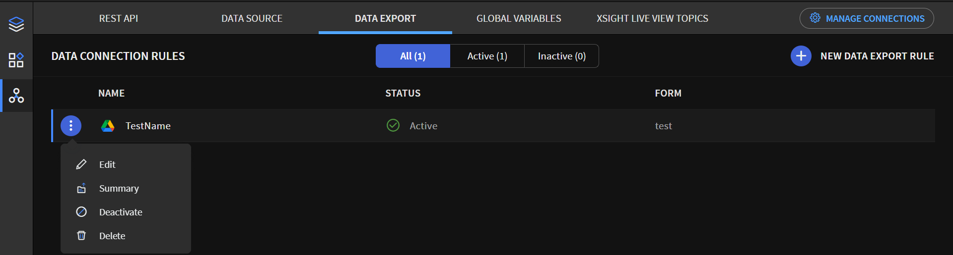 Data export tab