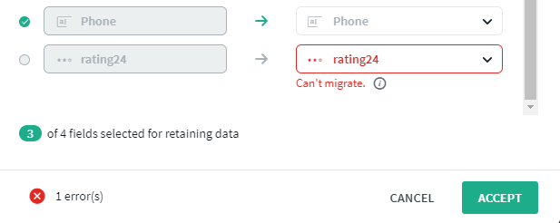 Deselected field mapping (next to an error)