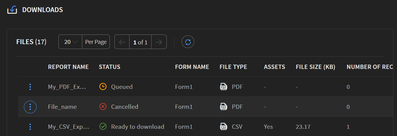 Example list of downloads showing their status