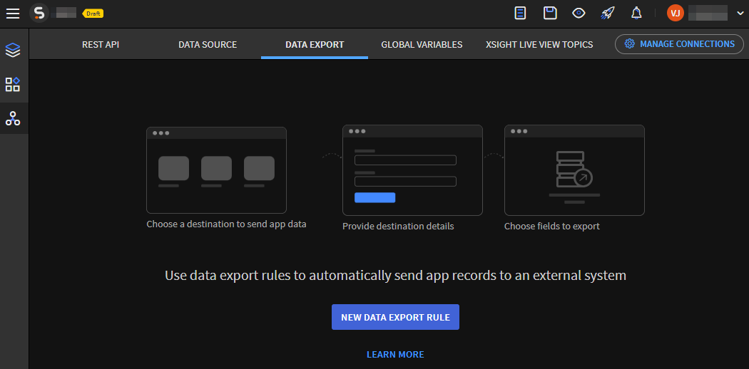 Data Connection Rules view, Data Export tab