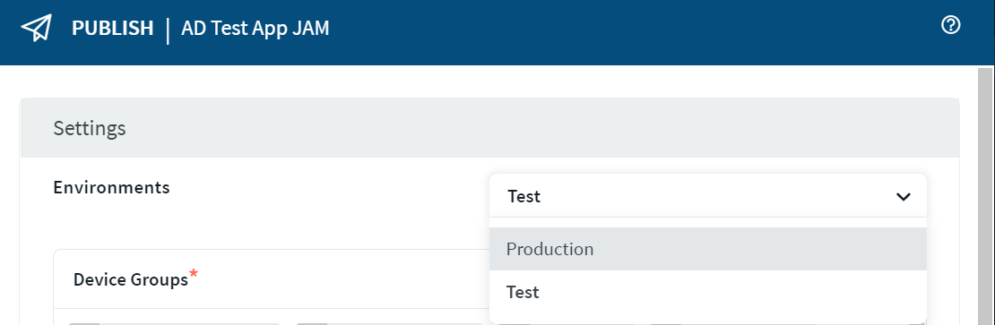 Environment selection when publishing app