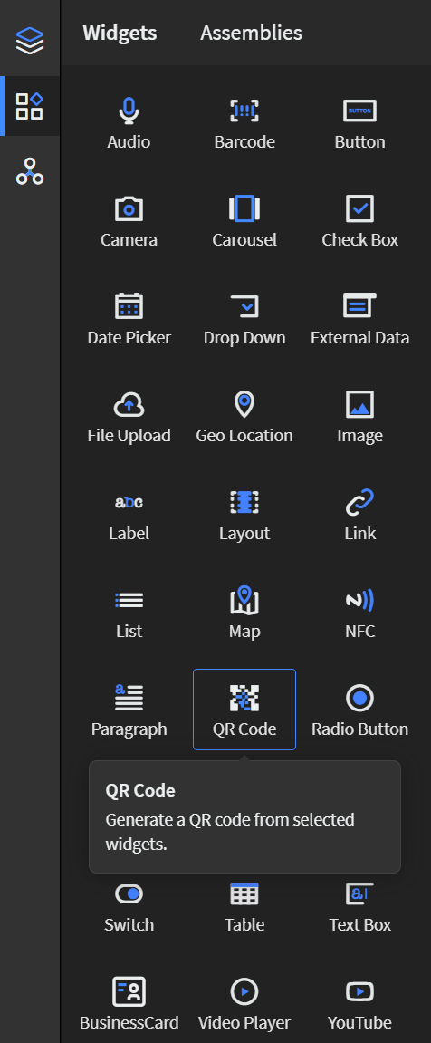 QR Code widget in the Widgets tab