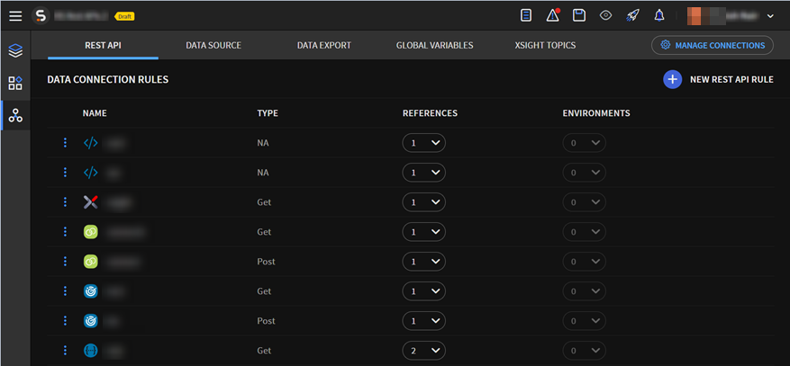 Data Connection Rules view, REST API tab