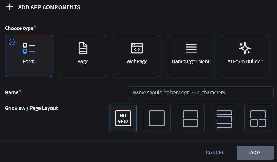 Add screen dialog box