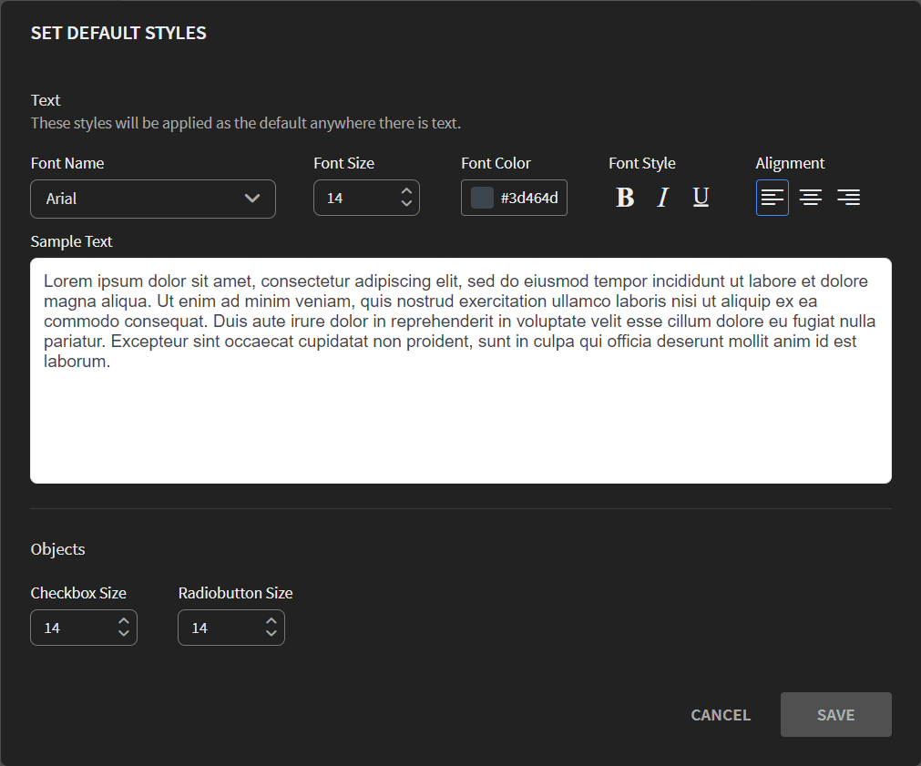 Set Default Styles window