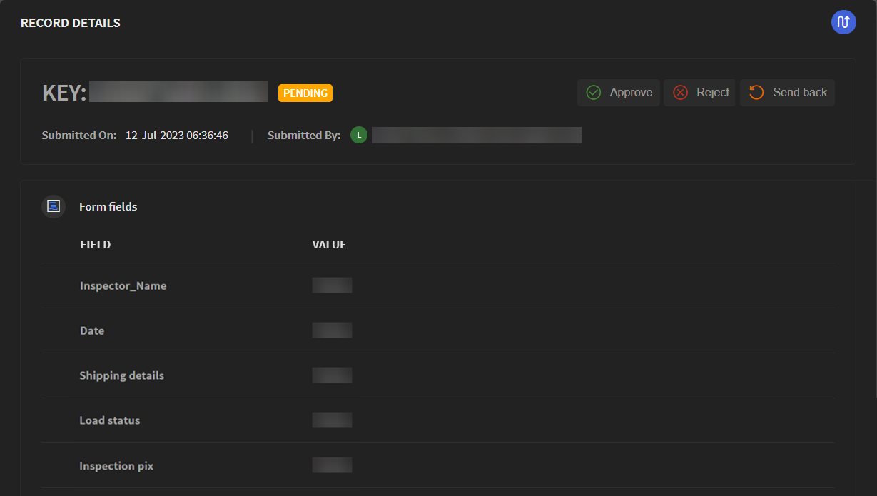 Record Details window contents for a request