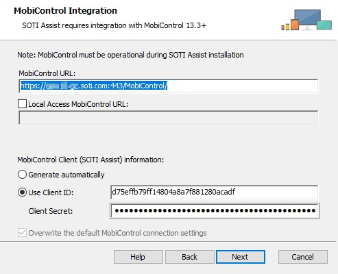 SOTI Assist installer SOTI MobiControl integration screen