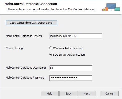 SOTI Assist installer SOTI MobiControl database screen