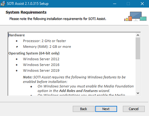 SOTI Assist installer system requirements screen
