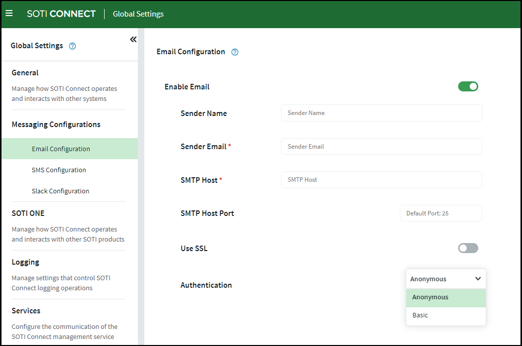 Email configuration settings