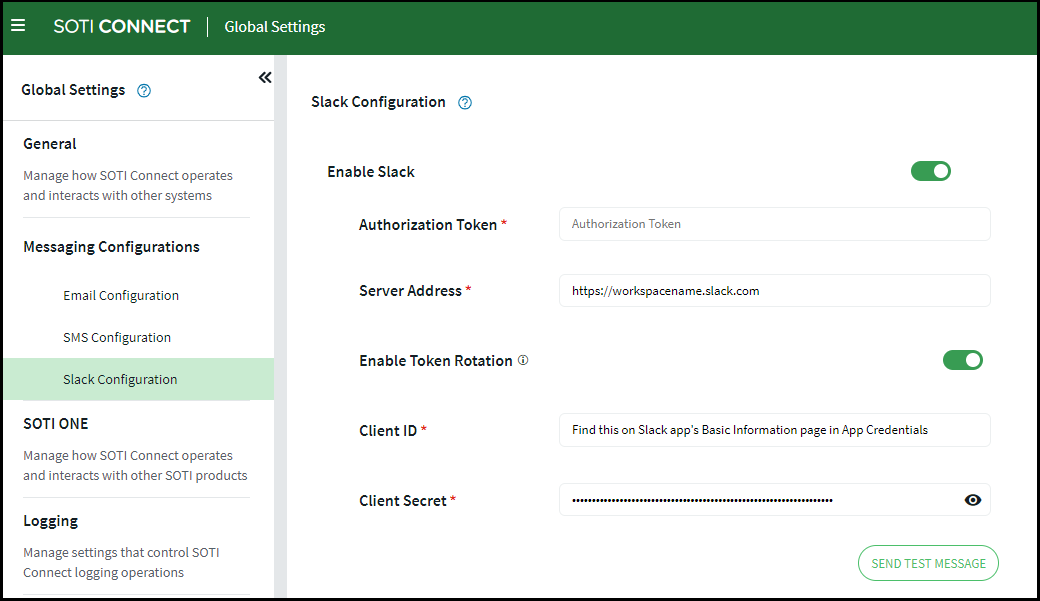 Slack configuration settings