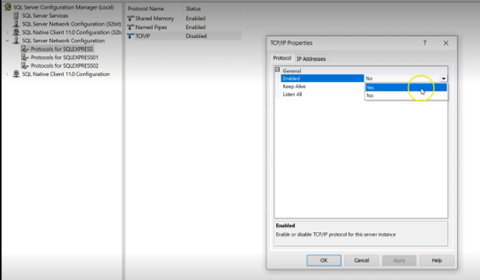 Selection screen for TCP/IP protocol
