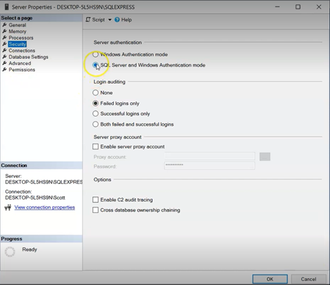 SQL Server properties screen with authentication mode selected