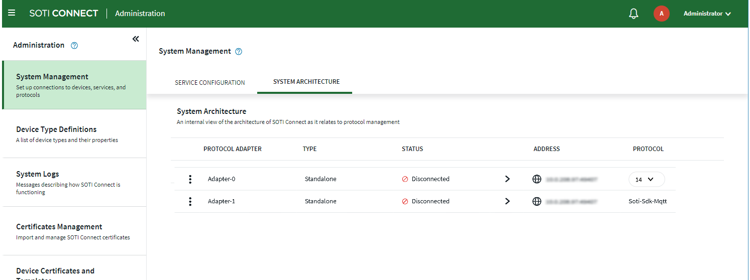 SOTI Connect System Management screen, System Architecture tab showing stopped source PAs