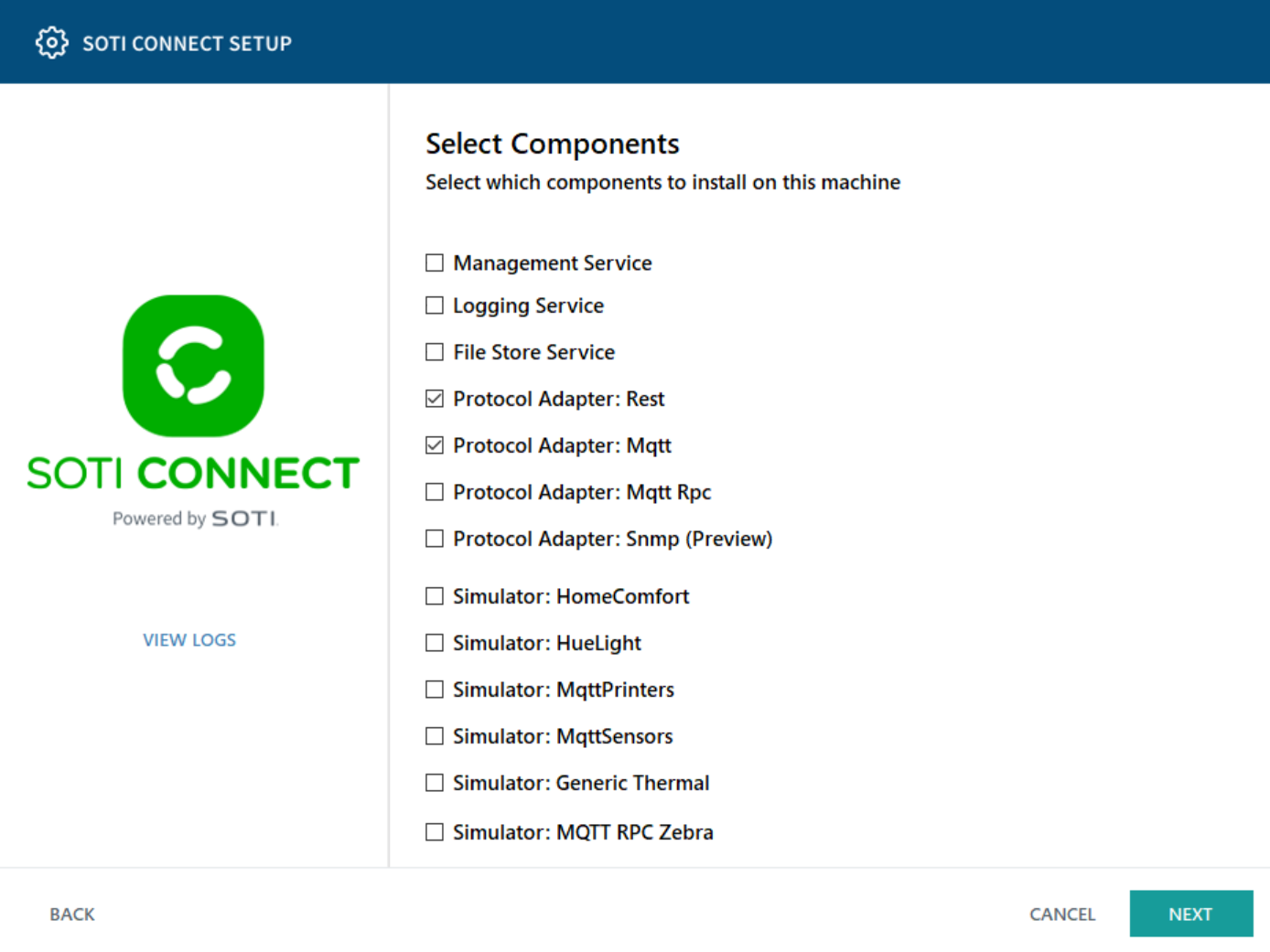 Installation Wizard Select Components screen showing PA adapters selected