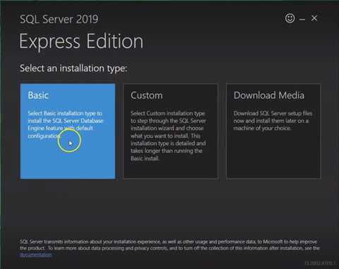 SQL Server 2019 Express Edition Basic installation selection
