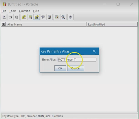 Entering a key pair alias in Portcele