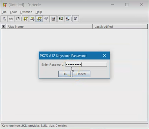 Entering the key store password in Portecle