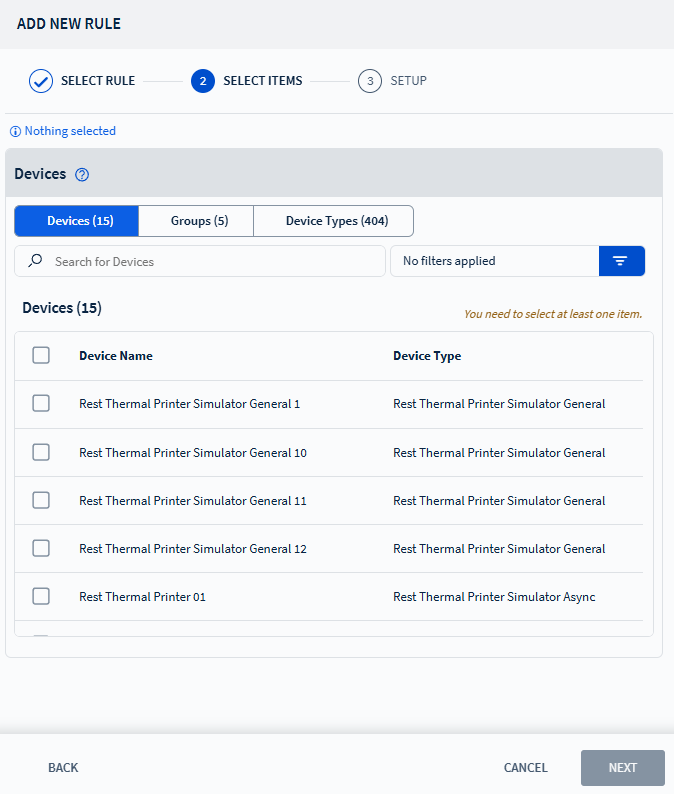 Select devices or groups and types of devices