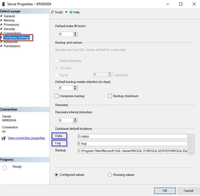 The Database Settings tab shows the location of data and log files