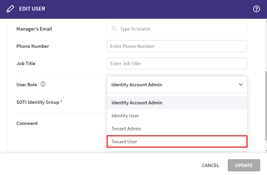 SOTI Identity Group dropdown list