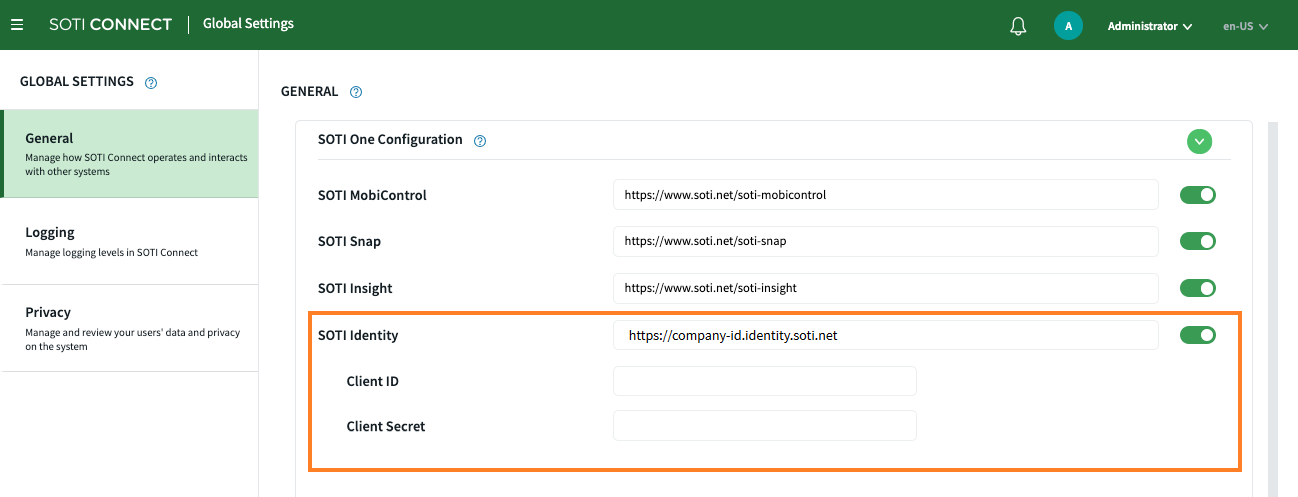 SOTI Identity configuration screen in SOTI Connect