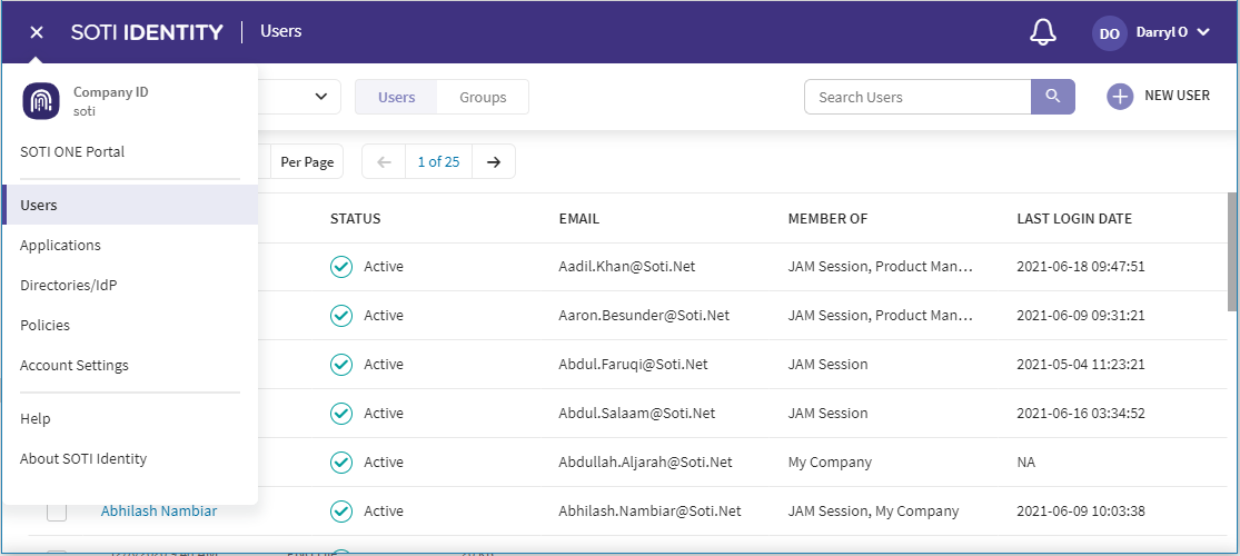 SOTI Identity Admin Console, users view