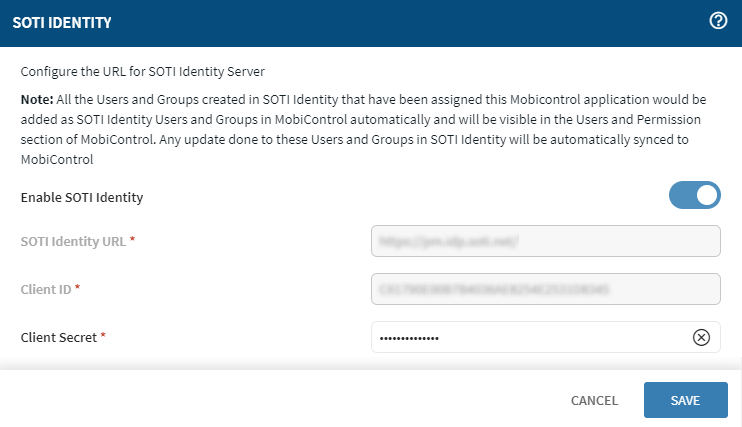 Configure the SOTI Identity URL in the SOTI Identity panel