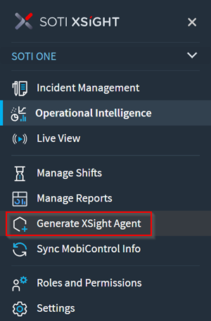 Main menu generate SOTI XSight agent