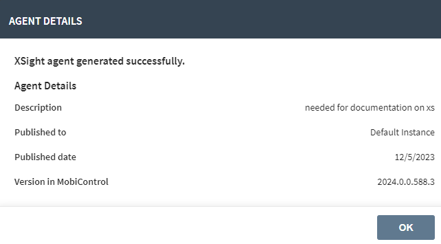 Confirmation of generated SOTI XSight Agent