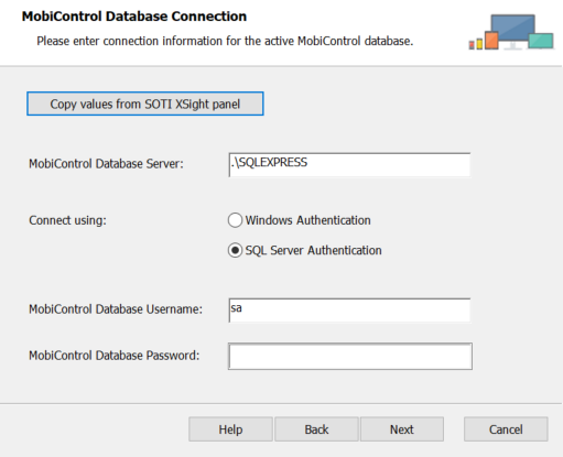 Enter the SOTI MobiControl Database Connection information