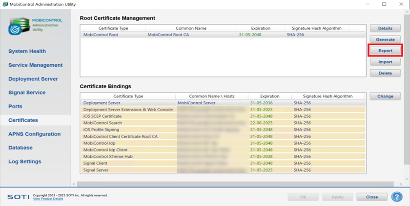 Export the root certificate