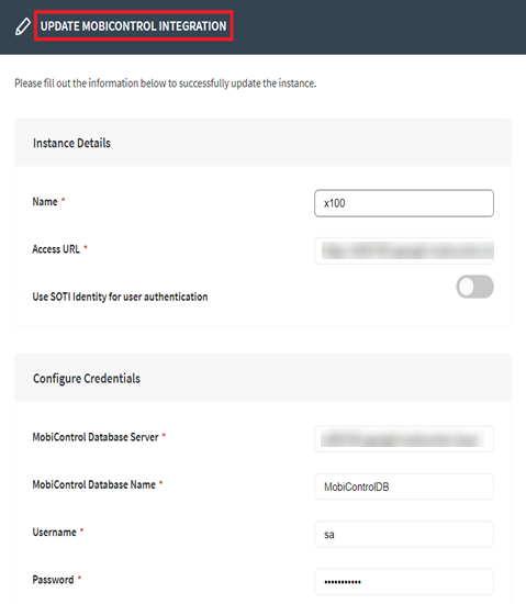 The Update MobiControl Integration panel displays