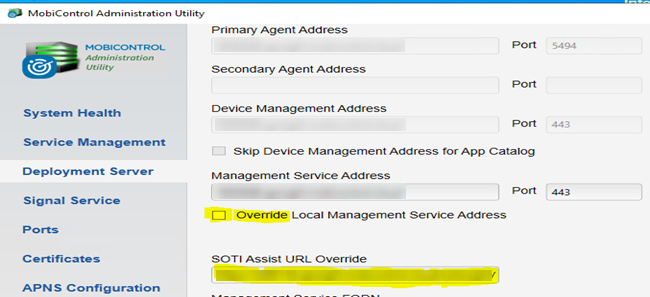 Override details for Second XMS at MobiControl Admin Utility
