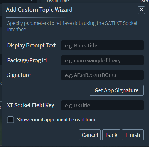 Custom Topic Wizard XT Socket screen