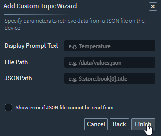 Custom Topic Wizard JSON file integration screen