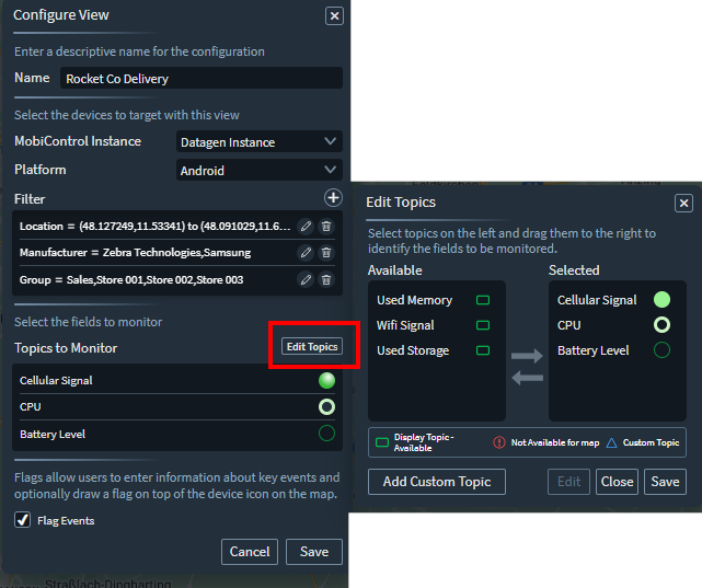 The Edit Topics panel showing available topics in the left column and Selected topics in the right column