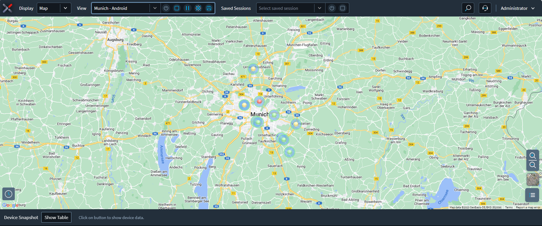 Live View screen showing several divices on a map