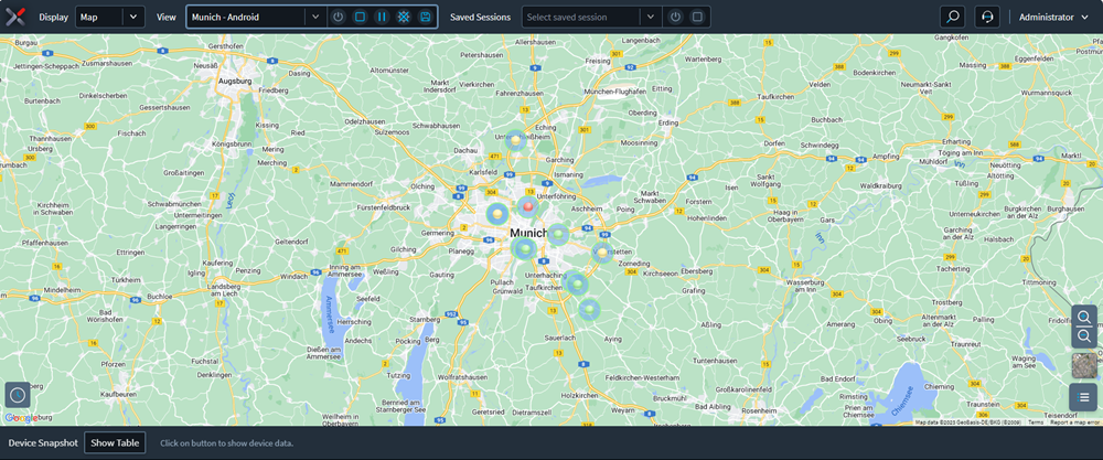 Live View screen showing several divices on a map