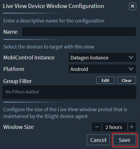 Set the live view device window configuration parameters