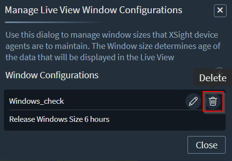 Select the Live View window configuration to delete