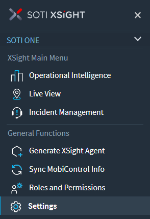 SOTI XSight main menu open with the Settings option highlighted