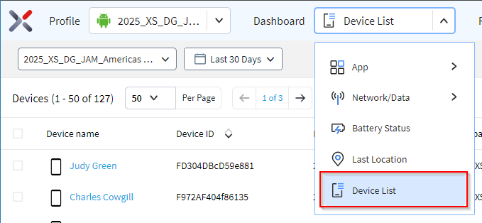 Selecting the Device List Dashboard