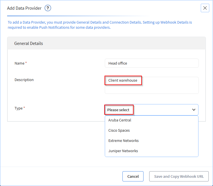 Enter the data provider Name and Description and select a Type