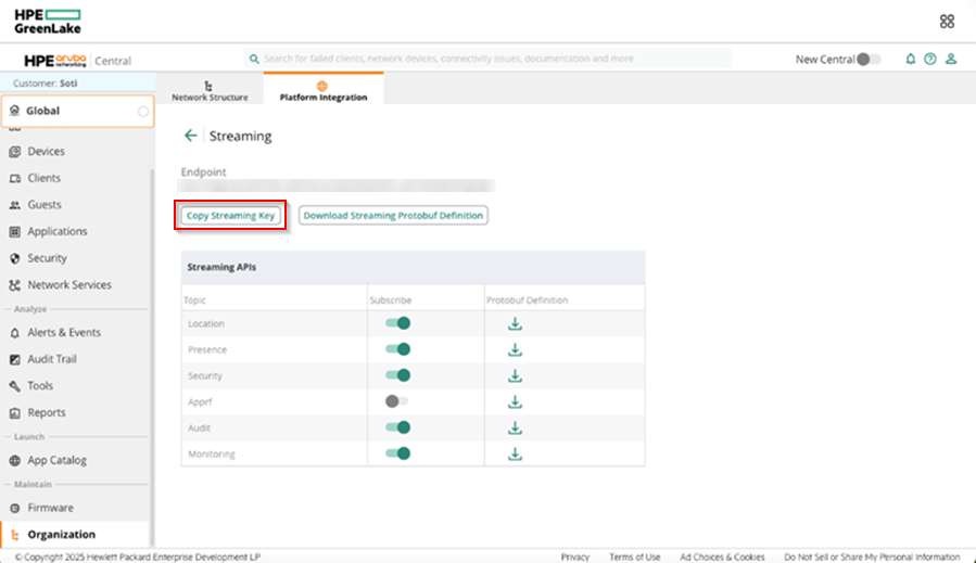 Get the Streaming API Key from Aruba Central